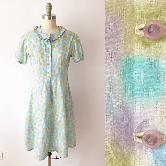 60s Vintage Pastel Splotch Day Dress A Line Floral - Picture 1 of 10